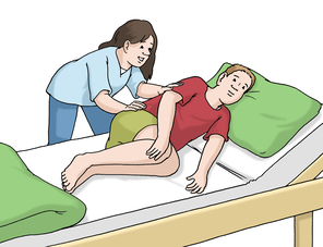 Ein Mann liegt im Bett und eine Frau, die hinter dem Bett steht, hilft ihm, sich umzudrehen