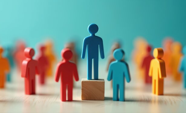Illustration depicts leader standing on podium above team. Concept of leadership team work business success. Group of people standing on a wooden surface. Focus is on the central figure.