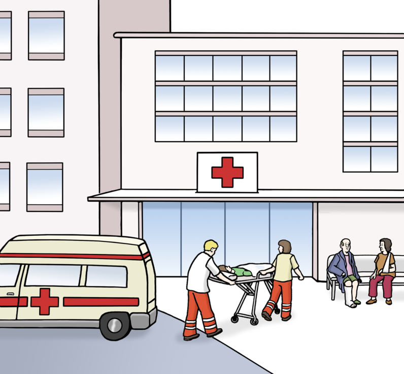 Vor einem Krankenhaus steht ein Krankenwagen. Ein Mensch wird von zwei Sanitätern ins Krankenhaus gebracht