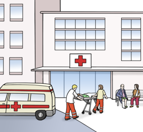 Vor einem Krankenhaus steht ein Krankenwagen. Ein Mensch wird von zwei Sanitätern ins Krankenhaus gebracht