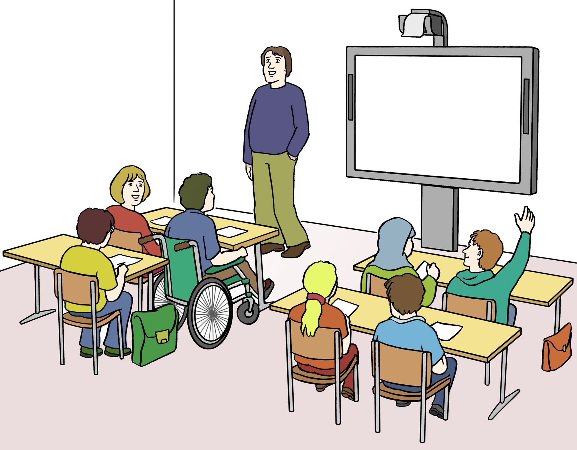 Ein Klassenraum, in dem mehrere Kinder an ihren Tischen sitzen und ein Lehrer steht neben der Schultafel