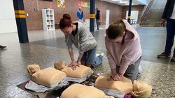 Schülerinnen üben an einer Übungspuppe die Herz-Druck-Massage