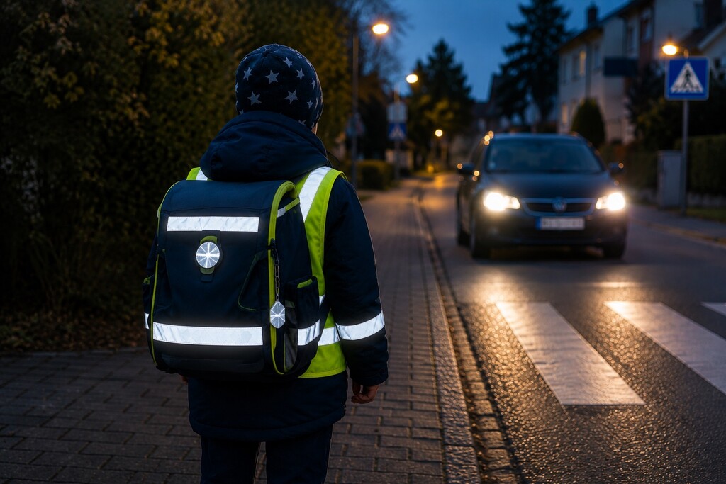 Schulkind mit reflektierendem Ranzen bei Dunkelheit
