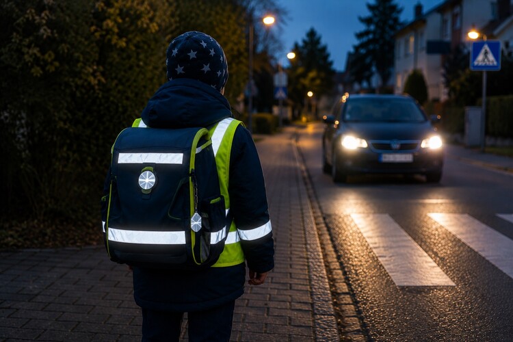 Schulkind mit reflektierendem Ranzen bei Dunkelheit 