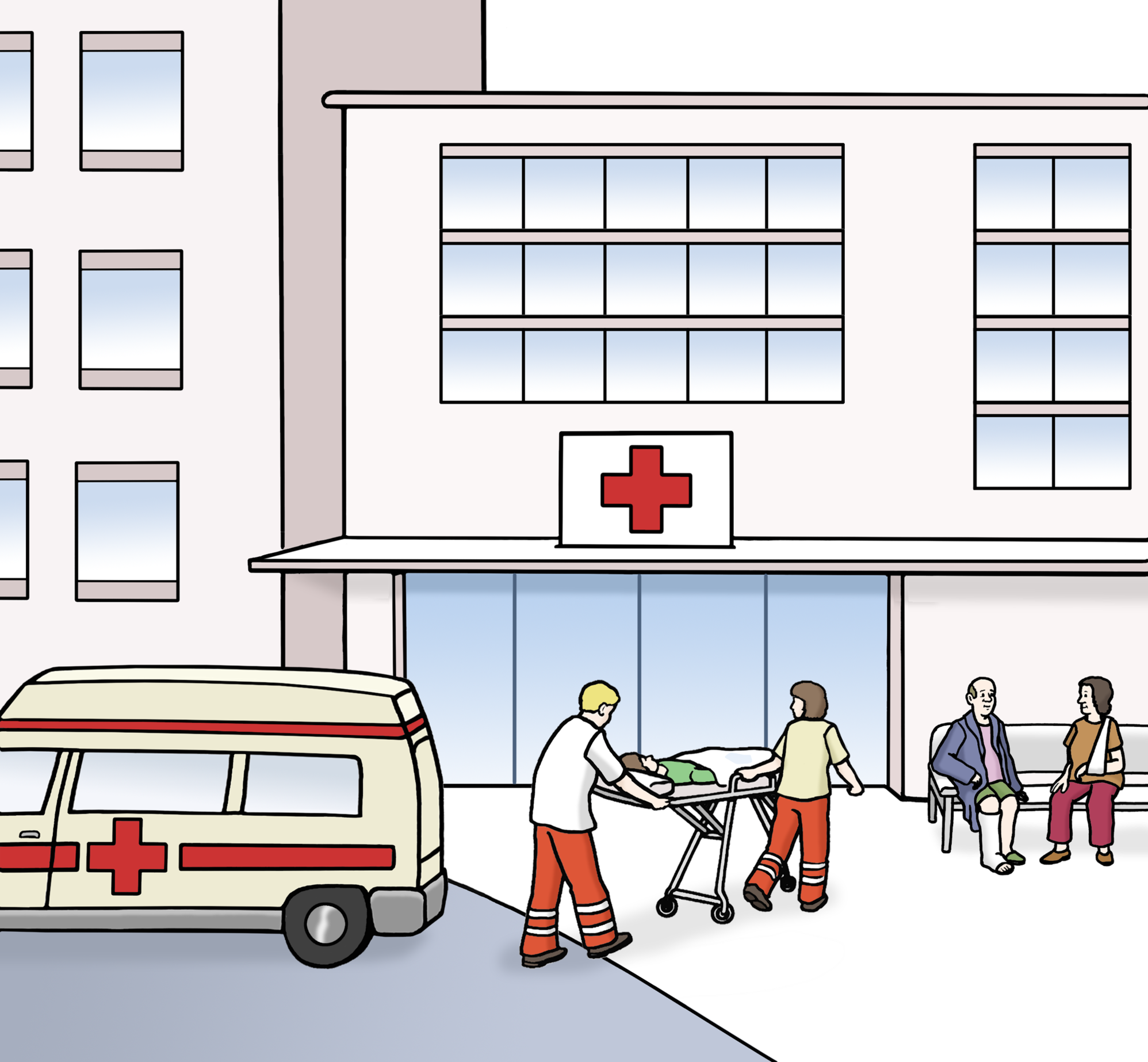Vor einem Krankenhaus steht ein Krankenwagen. Ein Mensch wird von zwei Sanitätern ins Krankenhaus gebracht