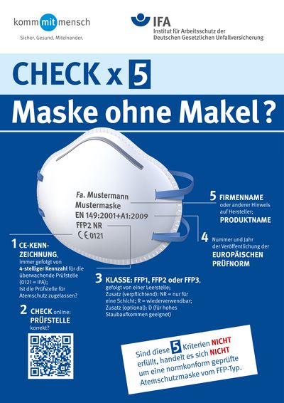 Plakat Maske ohne Makel der DGUV zeigt eine FFP2 Maske und erläutert die fünf zu beachtenden Kriterien