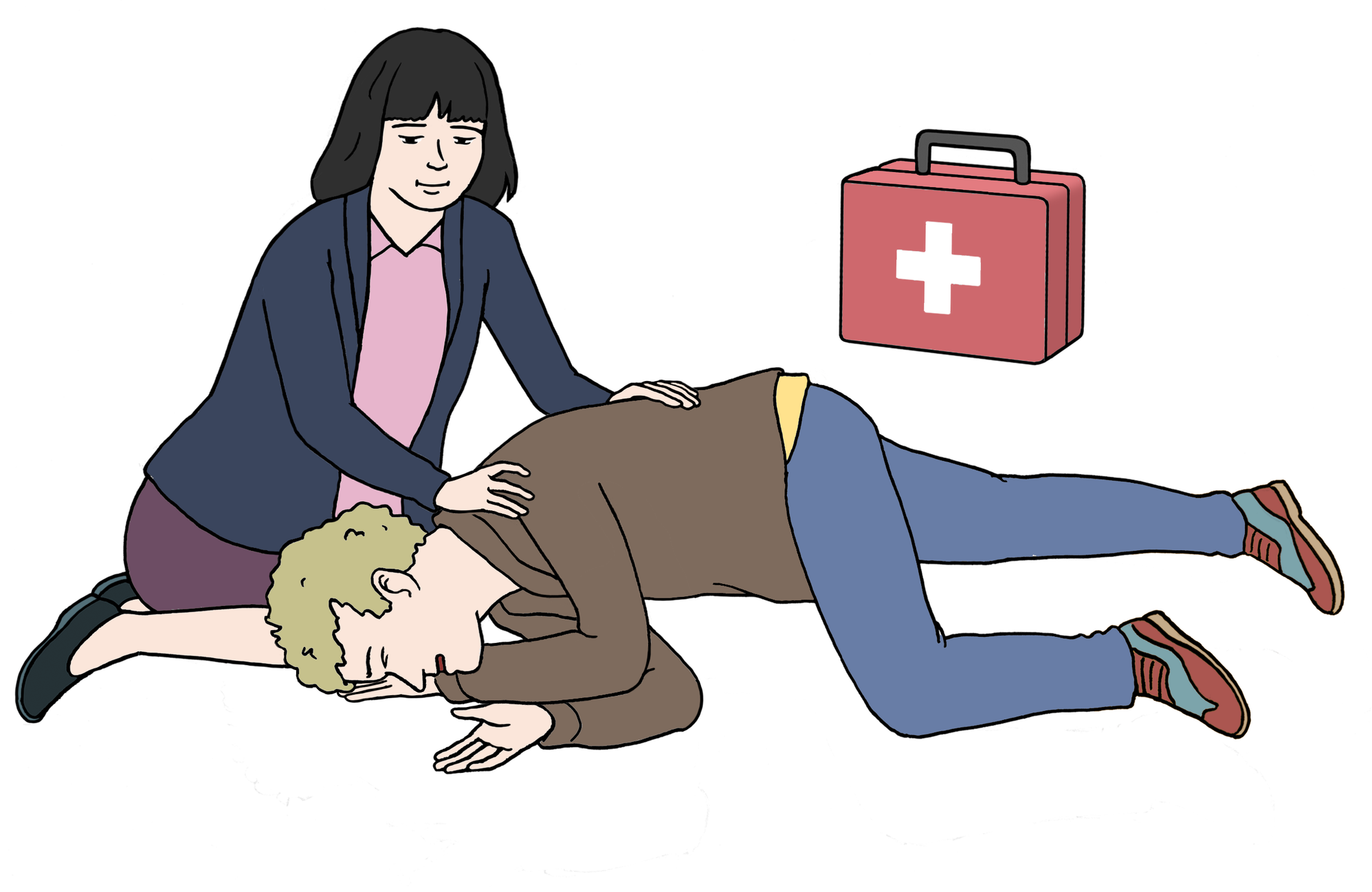 Eine Frau legt einen Mann auf die Seite, der auf dem Boden liegt. Ein Erste-Hilfe-Kasten ist auch zu sehen.