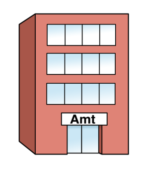 Grafik eines mehrstöckigen Hauses, auf dem das Schild "Amt" hängt.