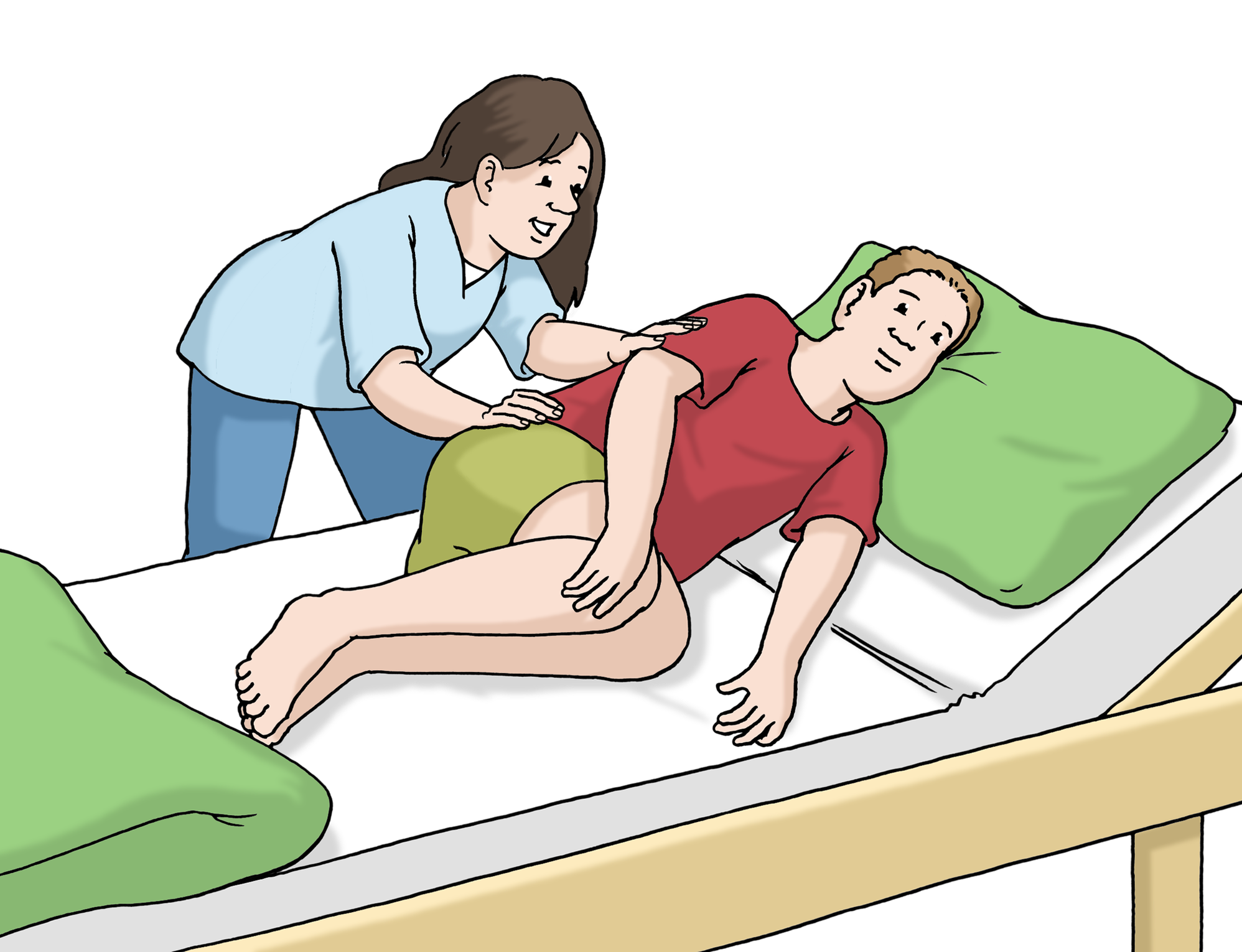 Ein Mann liegt im Bett und eine Frau, die hinter dem Bett steht, hilft ihm, sich umzudrehen