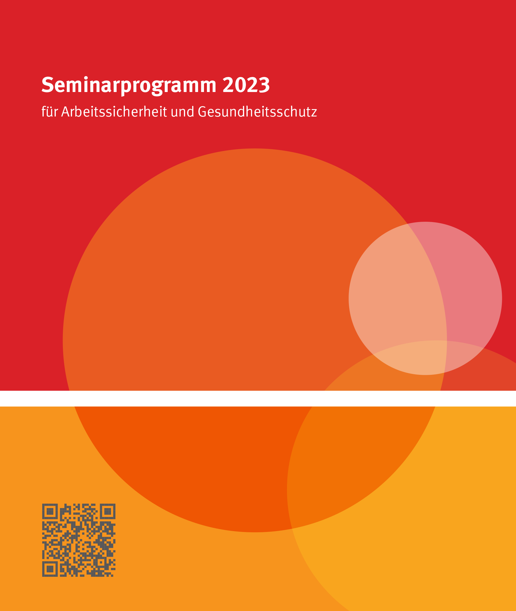 Seminarprogramm Cover in rot, gelb und orange mit QR-Code